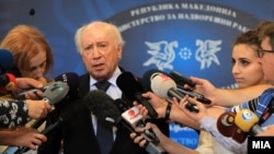 UN special envoy Matthew Nimetz speaks to the press in Skopje in July 2017.