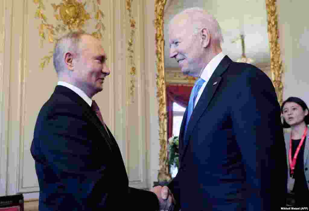 Russian President Vladimir Putin shakes hands with U.S. President Joe Biden during their meeting on June 16 inside the Villa La Grange, on the shore of Lake Geneva.&nbsp;