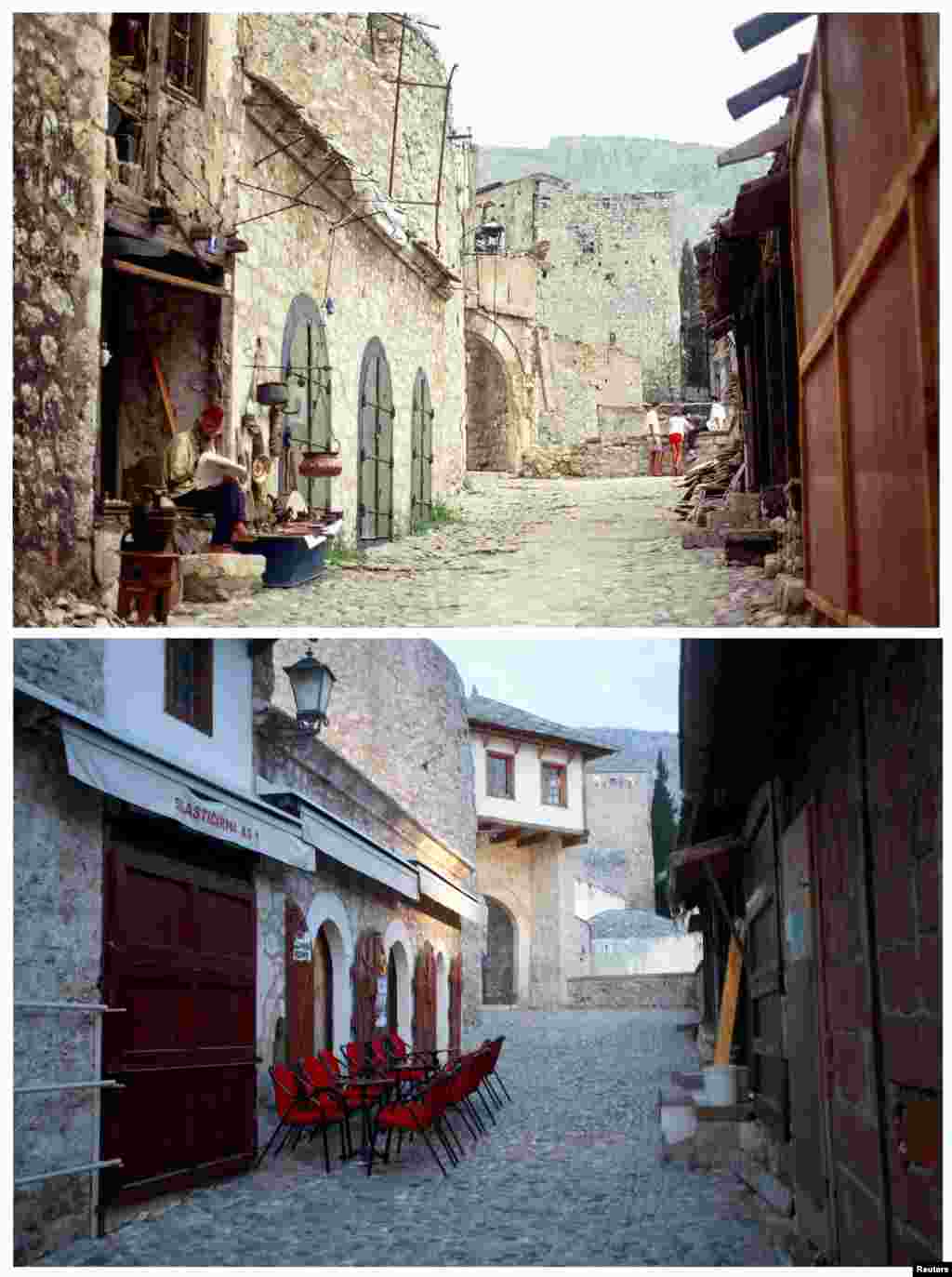 A man reads on the steps of a damaged building in the old section of Mostar in 1993. Below, the same street in February 2013.