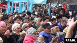 Some 250 opposition supporters gathered in Bishkek on March 15 to protest the crackdown on U.S.-funded media.