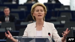 Ursula von der Leyen delivers a speech during her statement for her candidacy at the European Parliament in Strasbourg, France, on July 16.