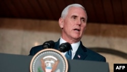 U.S. Vice President Mike Pence speaks to journalists after a meeting with ASEAN officials in Jakarta on April 20.