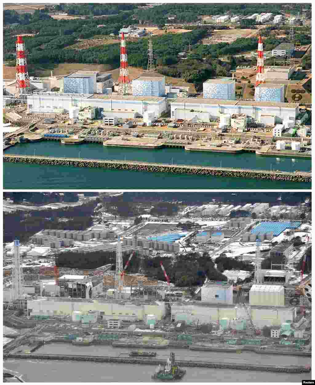 On top, the Fukushima Daiichi nuclear power plant in Fukushima Prefecture in December 2000, and below on February 26, 2012