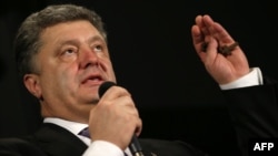 Petro Poroshenko speaking in early March to an audience in Paris, France