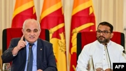 Russian Ambassador to Sri Lanka Levan Dzhagaryan (left) addresses a joint press conference with Sri Lanka's State Minister for Foreign Affairs Tharaka Balasuriya in Colombo on May 30.