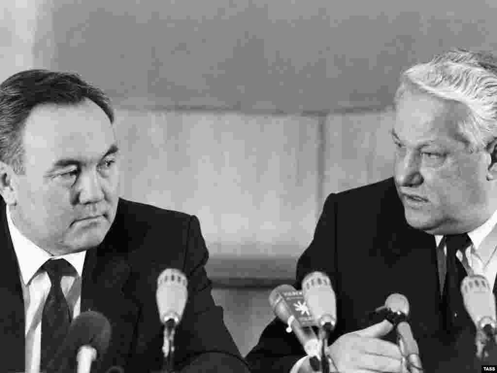 Nazarbaev and Soviet leader Boris Yeltsin in 1990 - During his first term, Nazarbaev sought to extend the length of the presidential term in office. He later succeeded in eliminating term limits altogether.