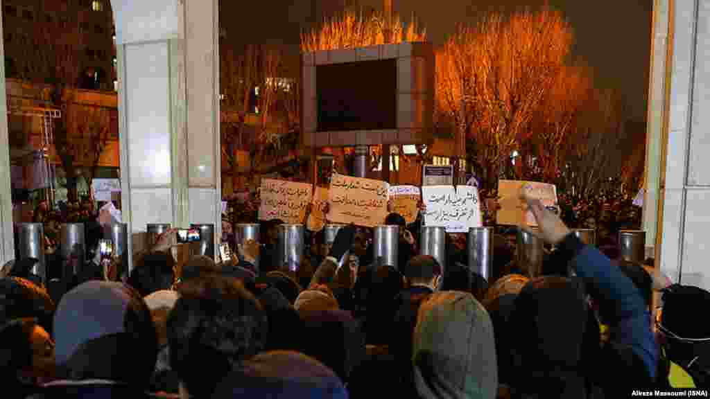 Protesters gather in front of Sharif University in Tehran on January 11.&nbsp;Iranian media reported that 14 of the Ukrainian plane victims were graduates of the university.