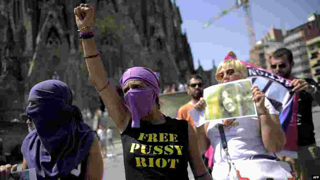 Supporters of Pussy Riot gather near the Sagrada Familia in Barcelona on August 17.