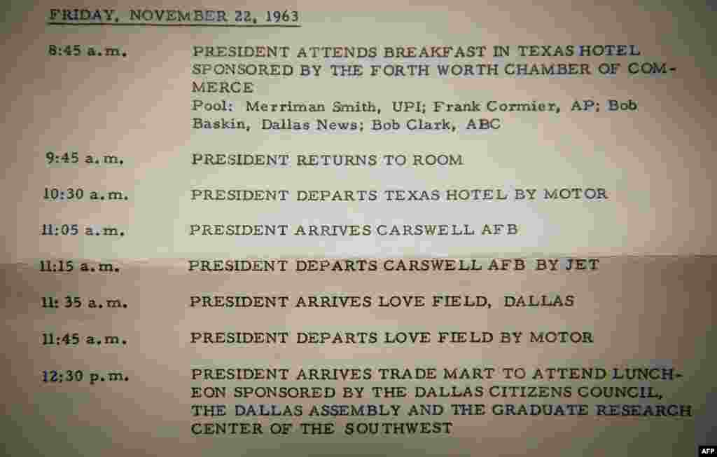 The official schedule of President John F. Kennedy, which was distributed by the White House prior to his trip to Dallas and Fort Worth. It shows the plans for his movements between 8:45 a.m. and 12:30 p.m. on the morning of November 22, 1963.