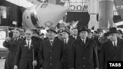 Communist leader Leonid Brezhnev (third from left) visits the "Kosmos" section of an exhibition of Soviet economic achievements in Moscow in 1967.